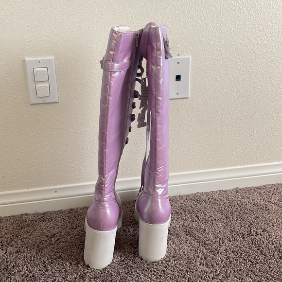 Iridescent Lace Up Knee-High Boots with Chunky Sole - Picture 3 of 9